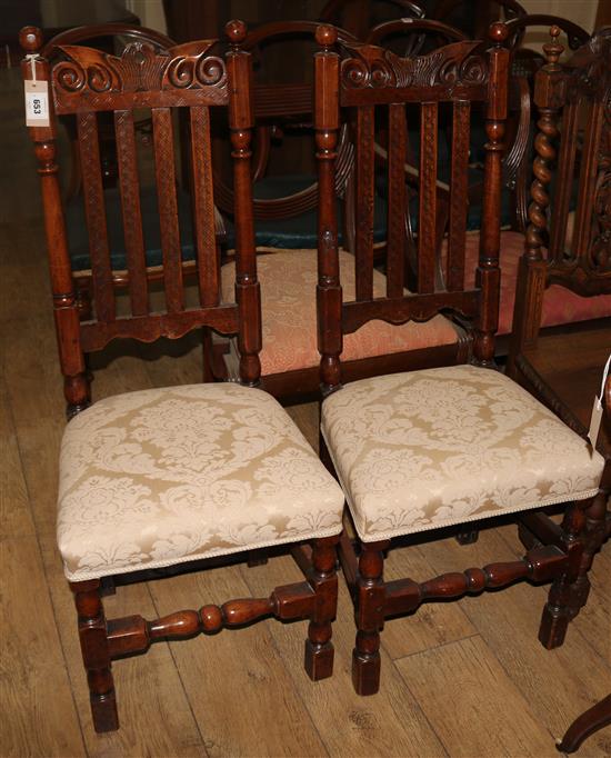 A pair of late 17th century fruitwood dining chairs, W.1ft 6in. H.3ft 7in.